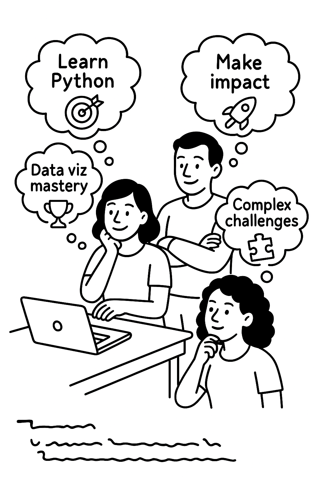 Small group of people looking at a laptop with thought bubbles showing different motivations: "Learn Python," "Make an Impact," "Solve Complex Problems," and "Data Visualization Mastery"