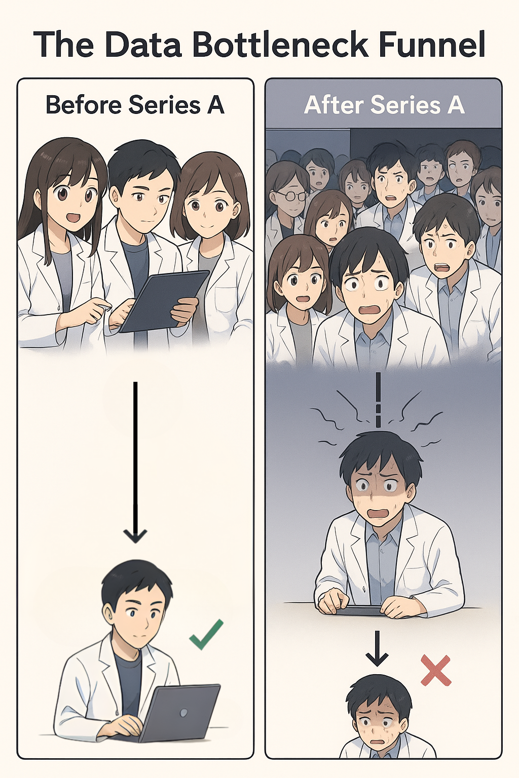 Comic titled "The Data Bottleneck Funnel" with two panels. First panel "Before Series A": small team, one person easily handling work. Second panel: larger team, same person overwhelmed managing everything.