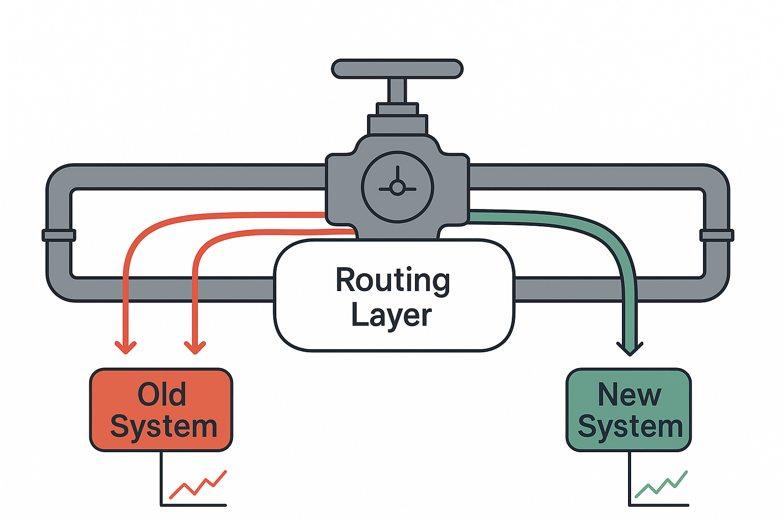 Diagram illustrating the incremental migration pattern with a routing layer directing traffic between old and new systems, showing how to gradually migrate components without disrupting production