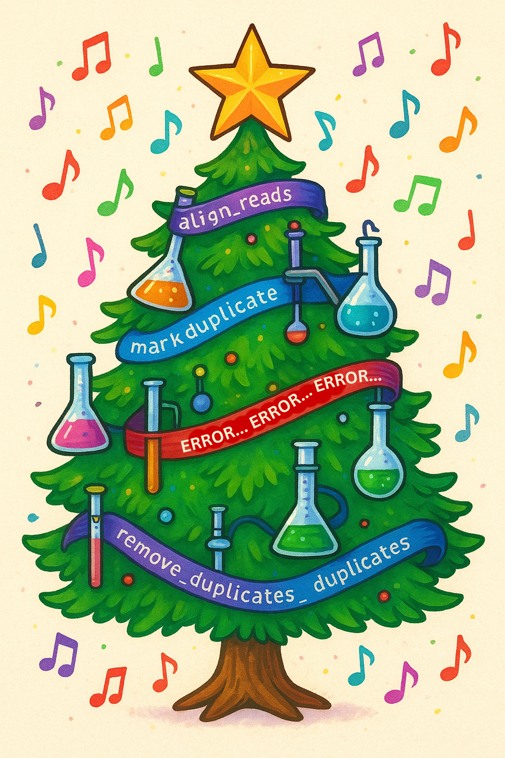 Festive holiday tree decorated with bioinformatics pipeline error messages, representing the chaos of debugging during the holiday season