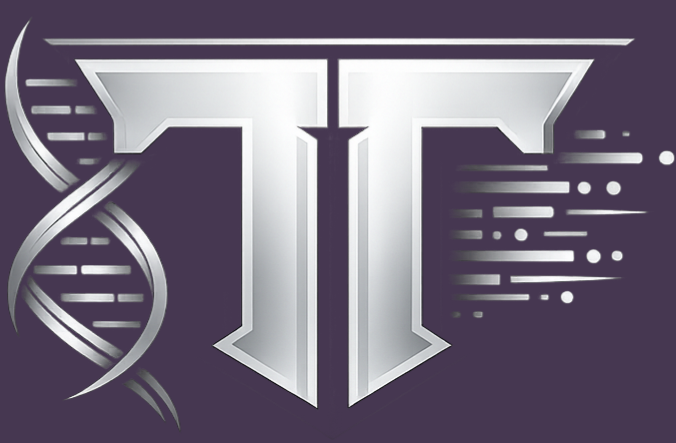 Bold TT monogram with a subtle DNA or code motif