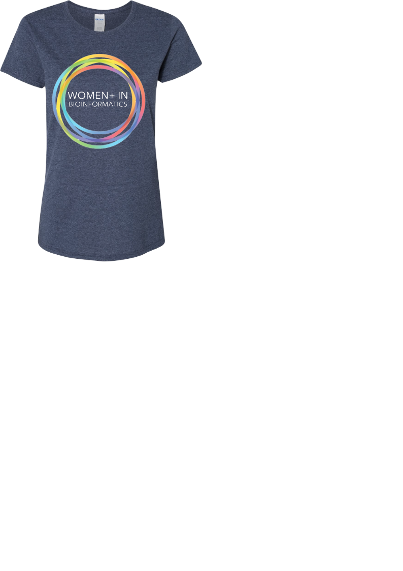 Gildan - Women's Heavy Cotton™ T-Shirt - 5000L in Heather Navy with a bih Boston Women in Bioinformatics logo on the front center